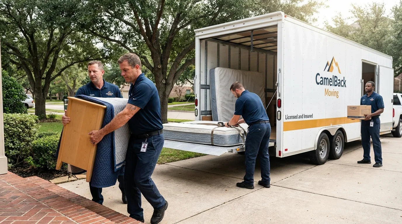 Crew loading residential truck for cross-state move from Preston, MN