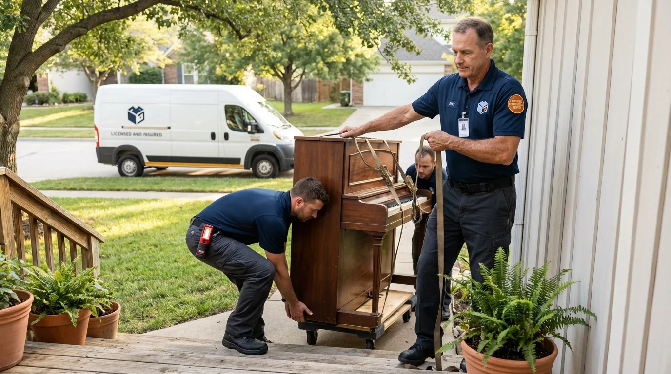 Licensed piano movers securing grand piano in Preston, MN