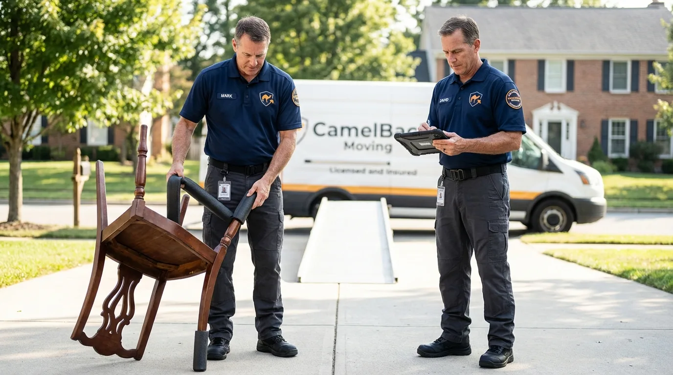 Movers inspecting furniture for damage prevention before loading in Preston, MN