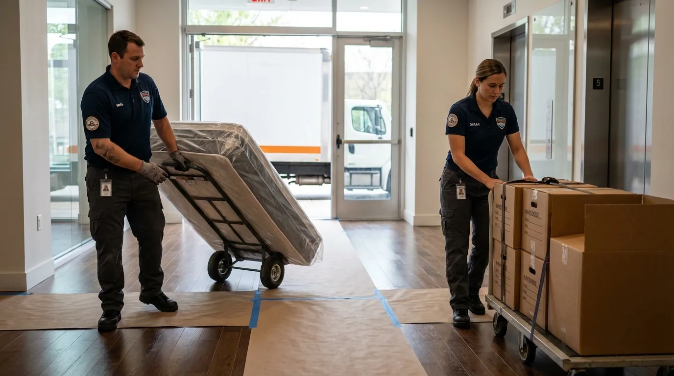 Professional apartment movers loading elevator in Preston, MN